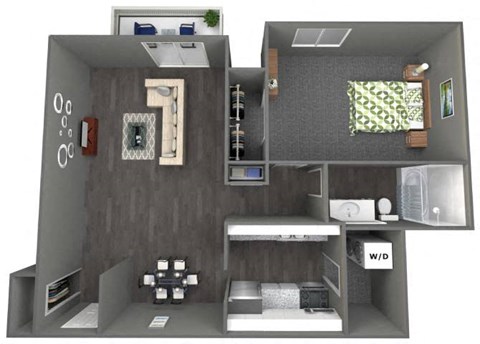 a bedroom with a bed a desk and a mirror